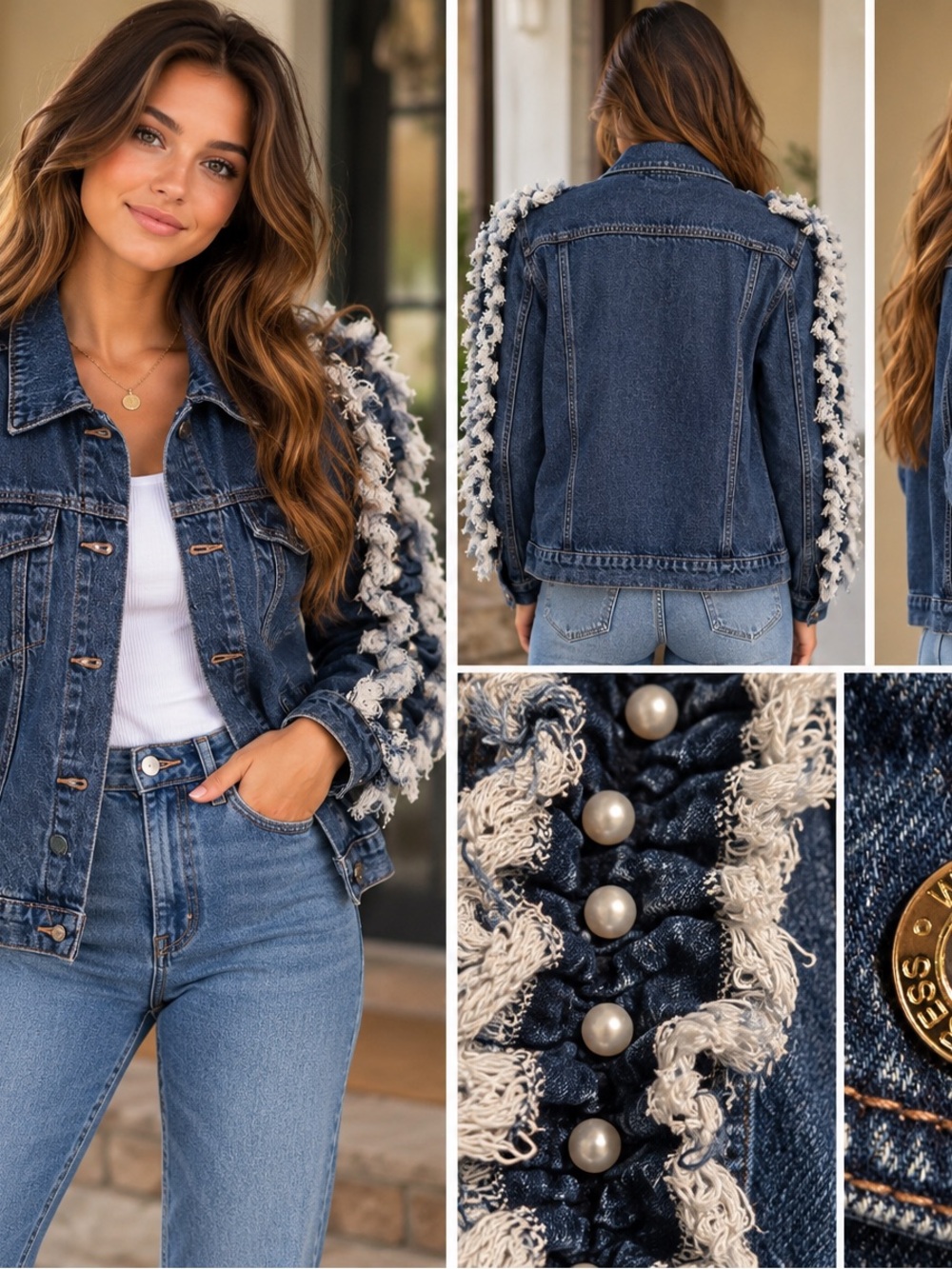 WHY Dress Pearl Ruffle Distressed Denim Jacket Women’s L